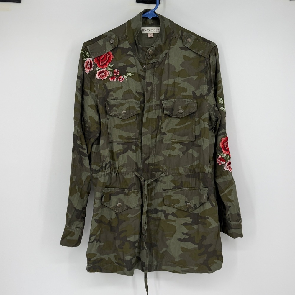 Knox Rose Camo Floral Embroidered Utility Jacket Large Green Drawstring Waist